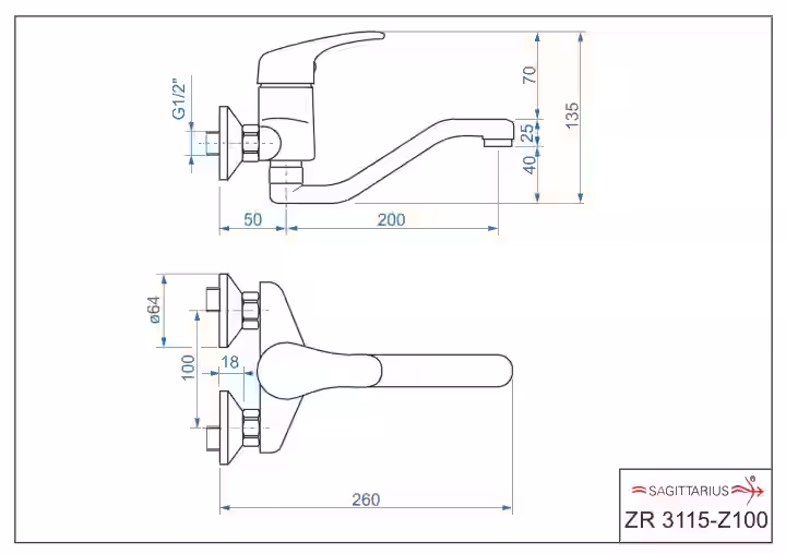 Batéria drezová stenová s liatym 20cm "Z" výtokovým ramenom, rozstup 100mm, ZORA