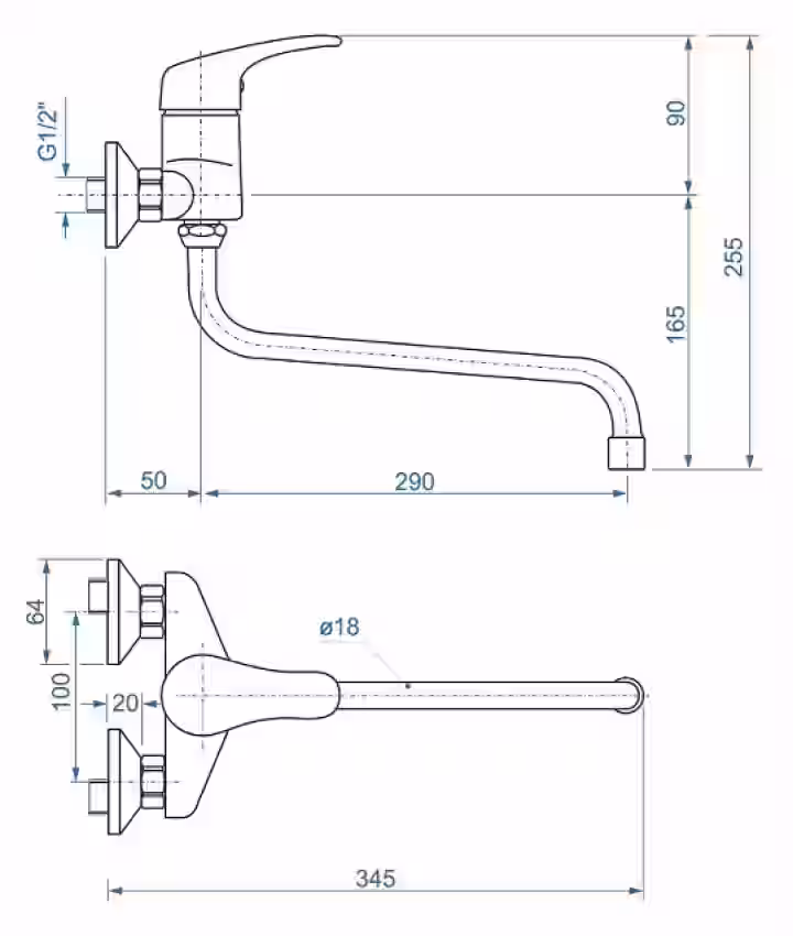 Batéria drezová stenová s trubkovým 30cm "S" výtokovým ramenom, rozstup 100mm, LUNA