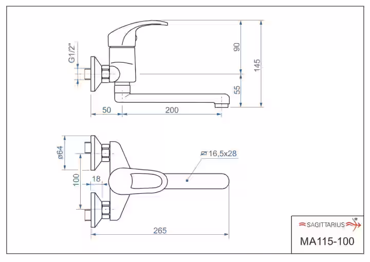 Batéria drezová stenová s rovným liatym 20cm výtokovým ramenom, rozstup 100mm, MARS