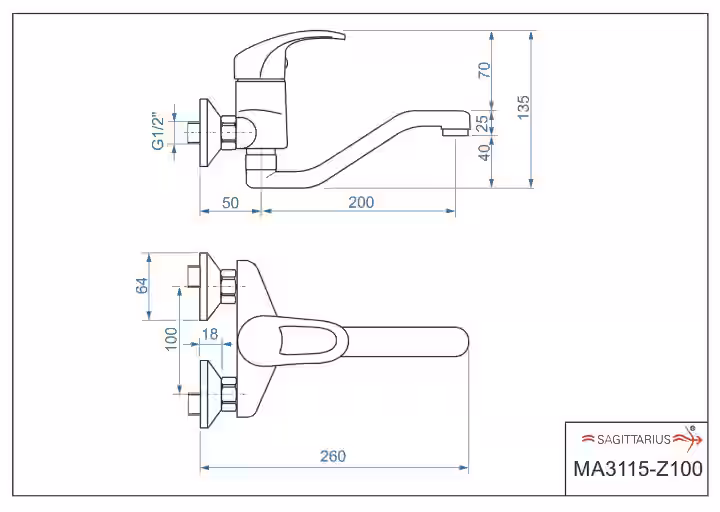 Batéria drezová stenová s liatym 20cm "Z" výtokovým ramenom, rozstup 100mm, MARS