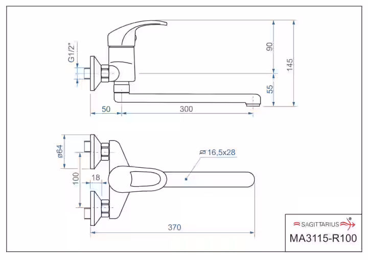 Batéria drezová stenová s rovným liatym 30cm výtokovým ramenom, rozstup 100mm, MARS