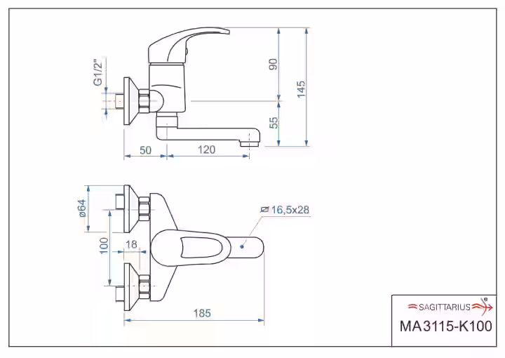 Batéria drezová stenová s rovným liatym krátkym 12cm výtokovým ramenom, rozstup 100mm, MARS