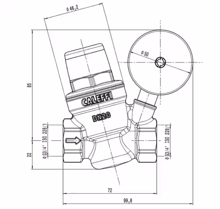 Tlakový redukčný ventil 3/4", PN 16bar, pracovný rozsah 1-5,5 bar, T max.+80 °C, s pripojením 1/4" F na manometer