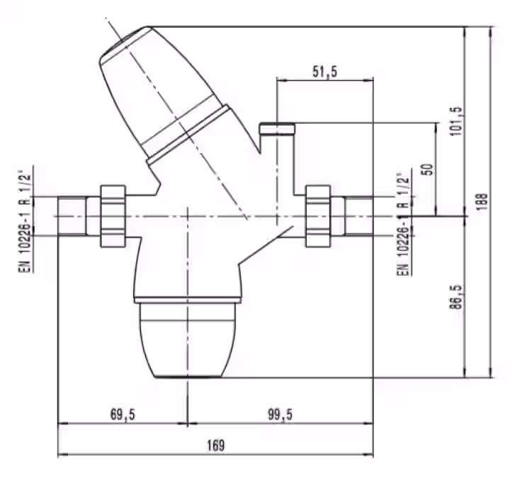 Tlakový redukčný ventil 1/2", PN 25bar, pracovný rozsah 1-6 bar, T max.+40 °C, manometer 0-10 bar, filter so sitkom - 280 µm, s 1/4” F napojením na manometer