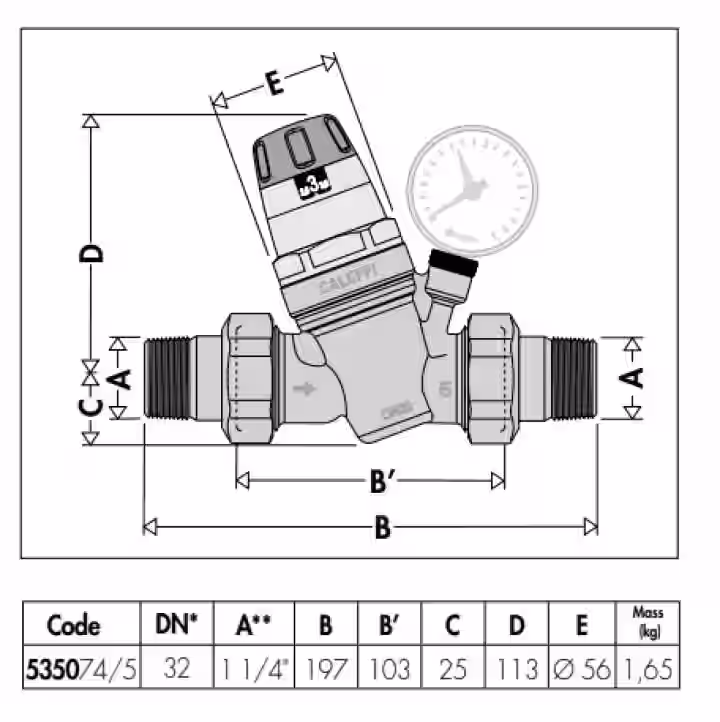Tlakový redukčný ventil so samostatnou vymeniteľnou náplňou 1 1/4" s 1” redukovanou náplňou, PN 25bar, pracovný rozsah 1-6 bar,T max.+40 °C