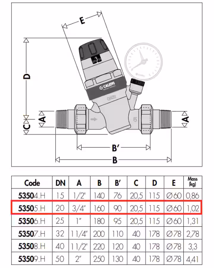 Tlakový redukčný ventil 3/4", PN 16bar, pracovný rozsah 1-6 bar, T max.+40 °C, manometer 0-10 bar