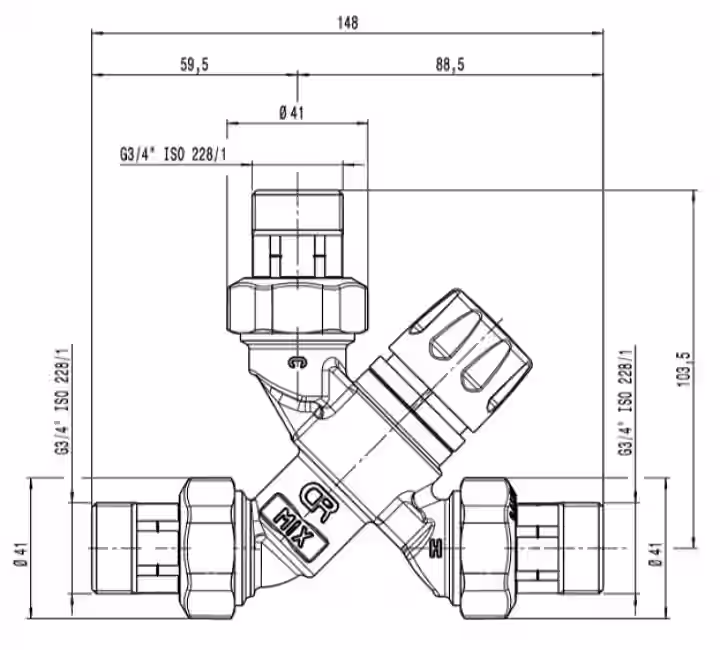 Nastaviteľný termostatický zmiešavaci ventil so spätnými ventilmi a sitkami na vstupoch 3/4"