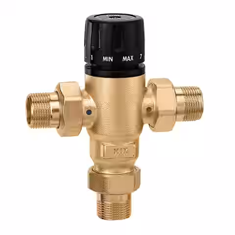 Termostatický zmiešavací ventil proti vodnému kameňu, G 3/4" A (ISO 228-1) M, +30 až +65 °C, PN 14, T max.+85 °C, so spätnými ventilmi