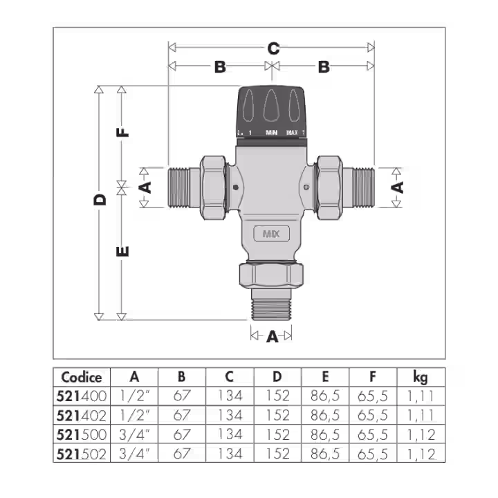 Termostatický zmiešavací ventil proti vodnému kameňu, G 3/4" A (ISO 228-1) M, +30 až +65 °C, PN 14, T max.+85 °C, so spätnými ventilmi